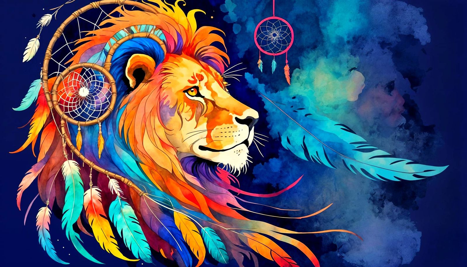 Vibrant Watercolor Lion Profile with Feather Mane