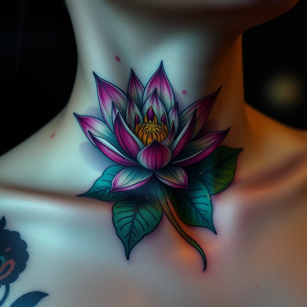A water lily tattoo on collarbone