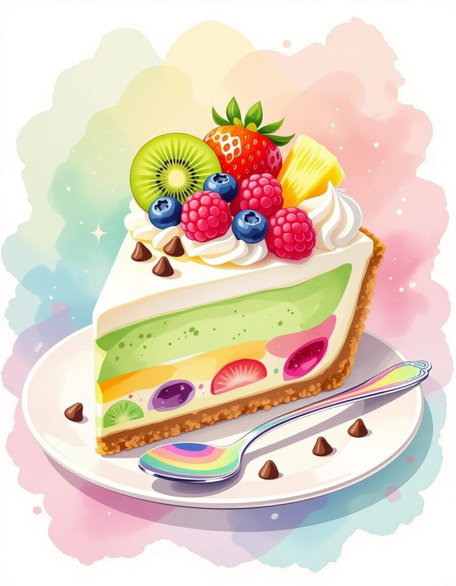 Rainbow Matcha Cheesecake Slice in Watercolor Style