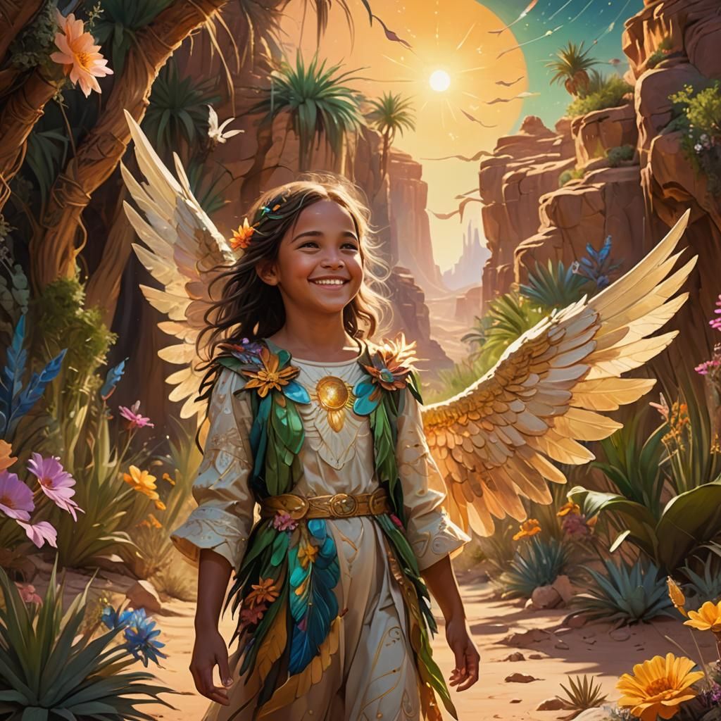 Astral Angel in Desert Oasis, Vibrant Oil Painting