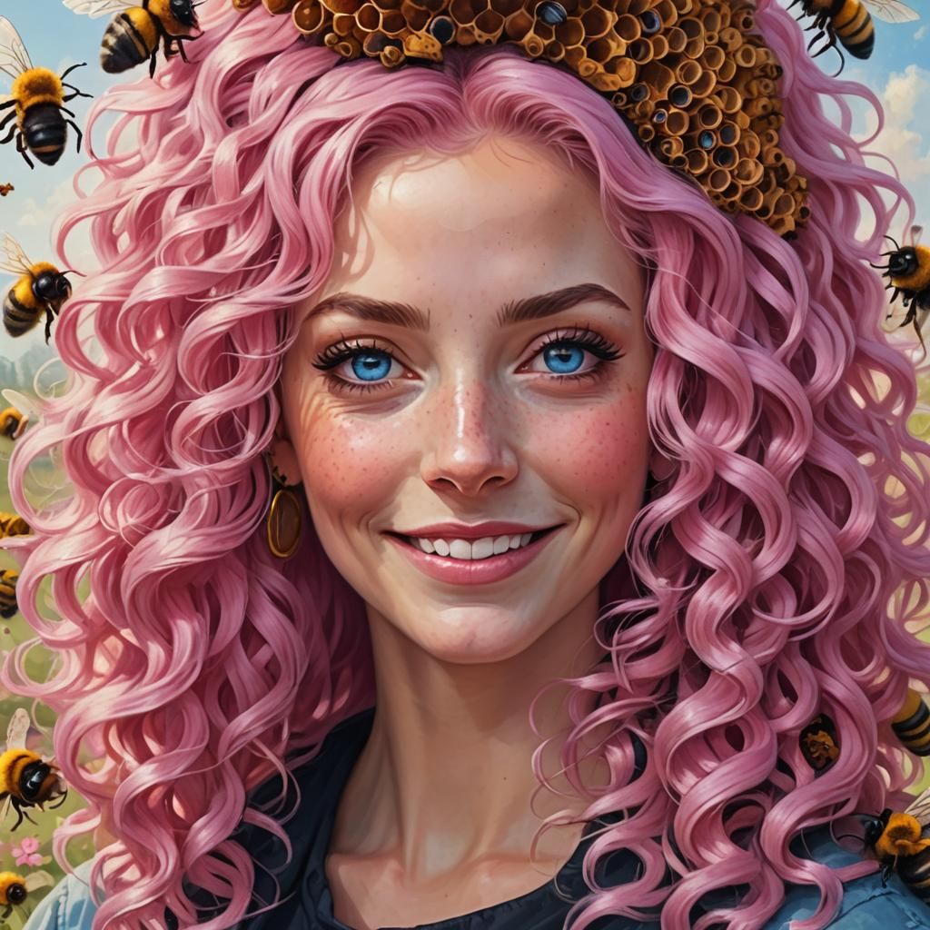 Pink Beehive Hairdo with Bumblebees