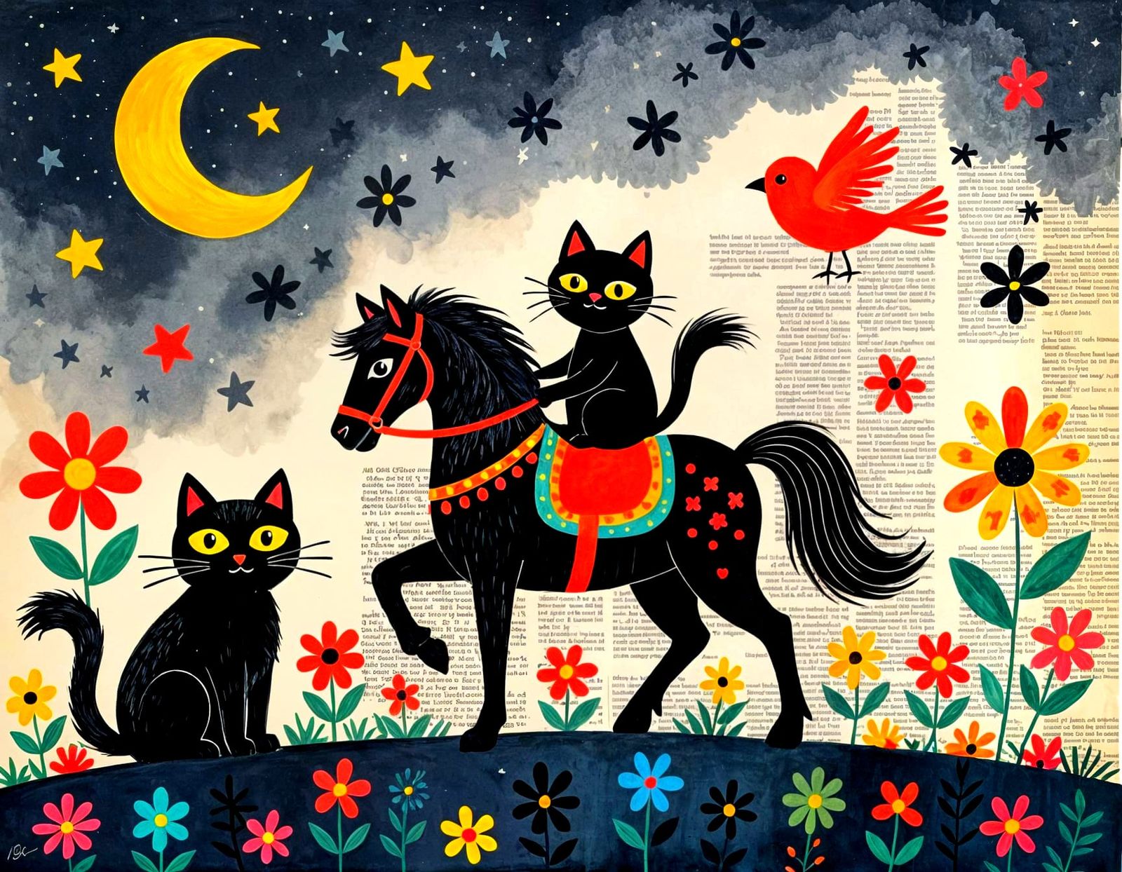 a black cat riding a stylized horse