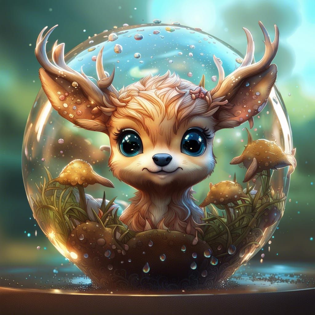Chibi Deer in Sphere Under Stormy Sky