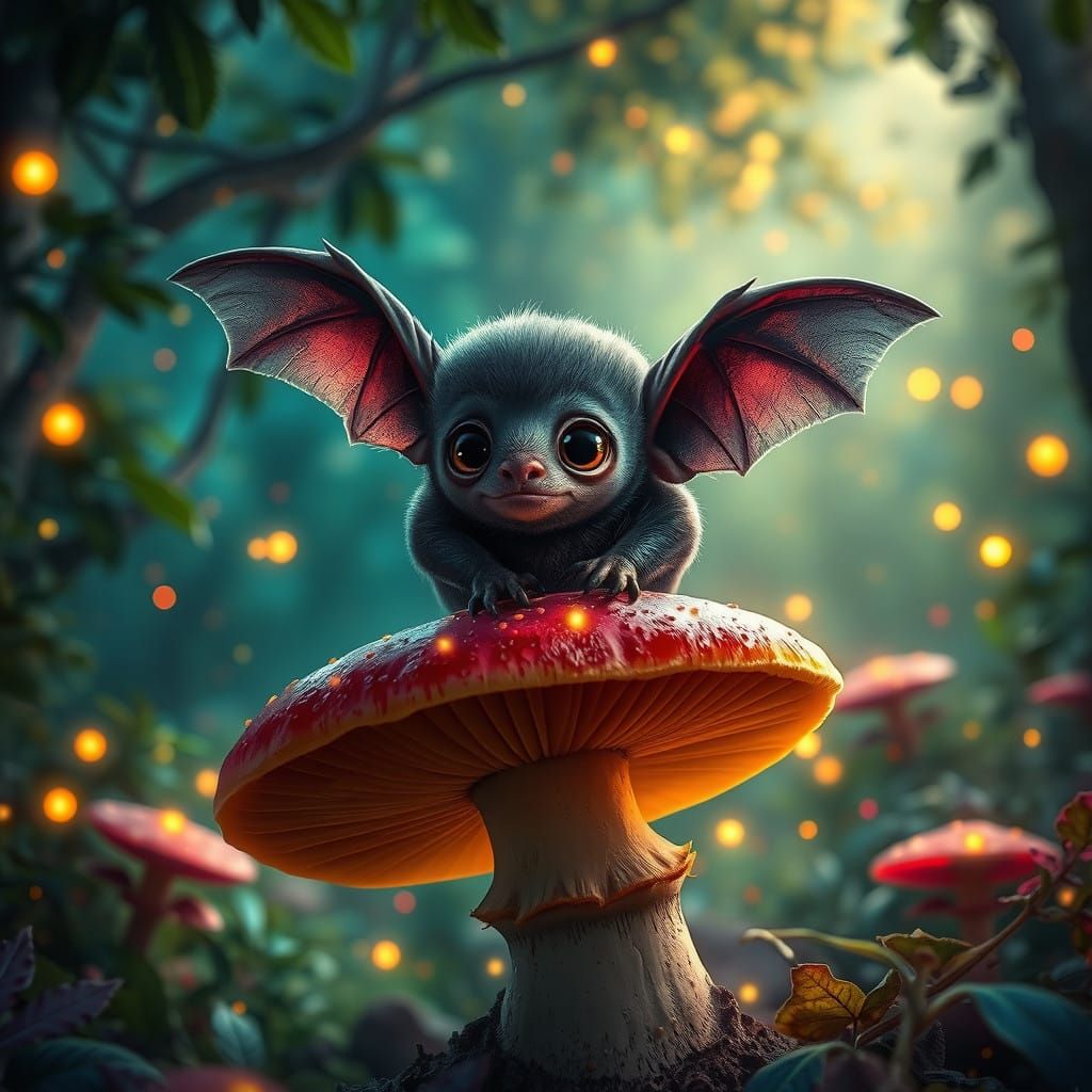 Whimsical Baby Bat on Glowing Mushroom in Vibrant Forest