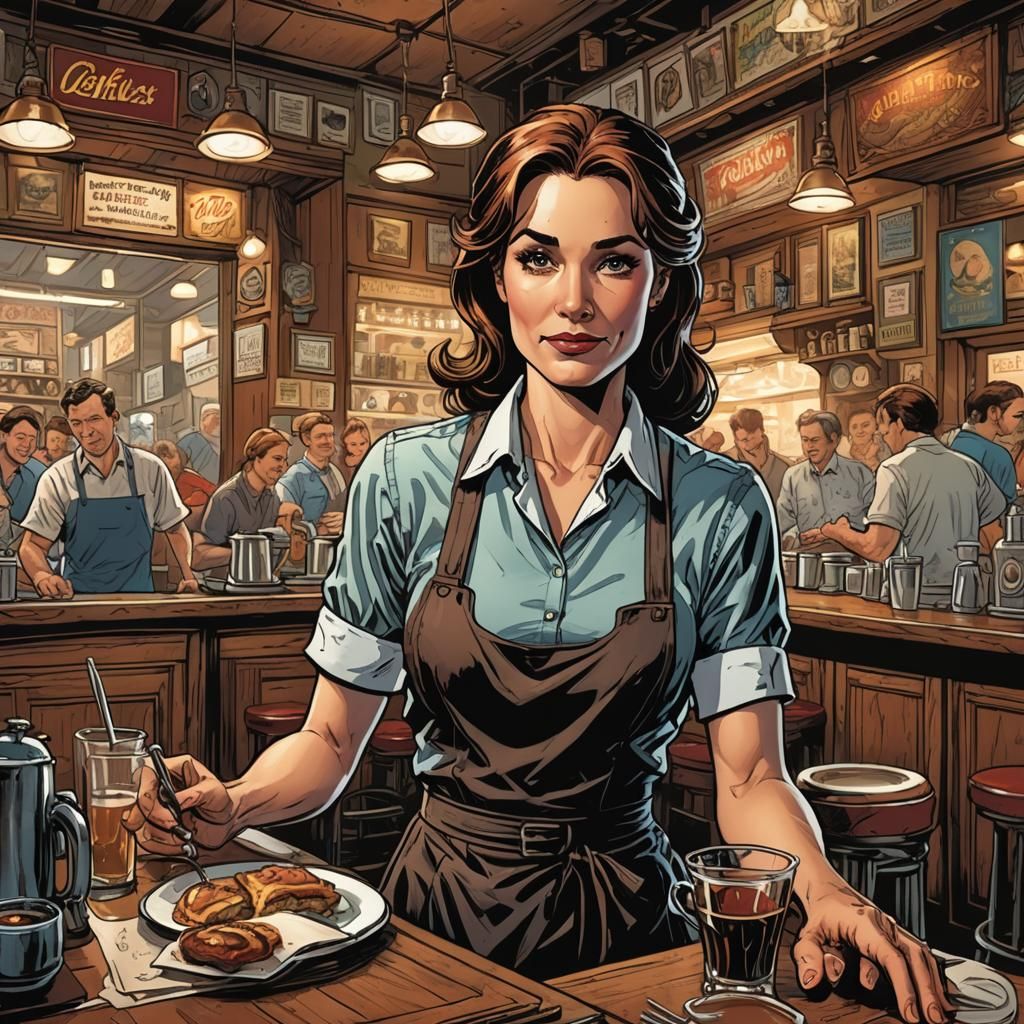 Waitress Serving Customers in Cafe: Comic Book Art