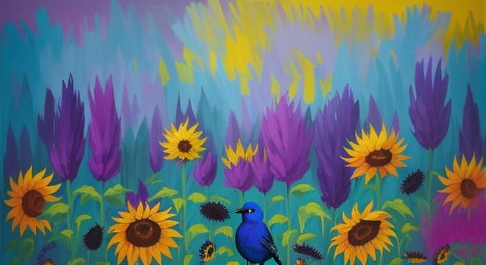 Blue Bird in Eerie Meadow with Sunflowers and Lavender