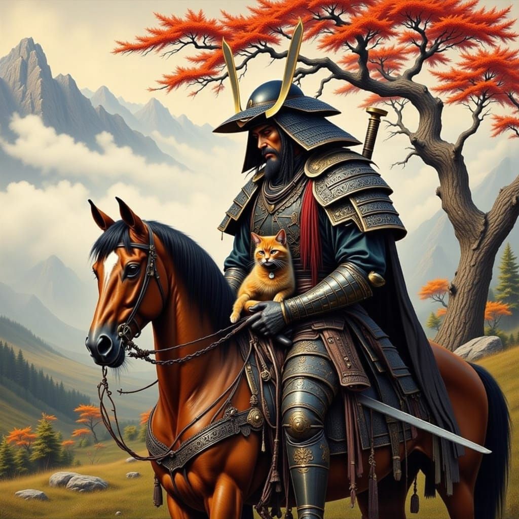 Samurai Warrior with Cat on Horseback