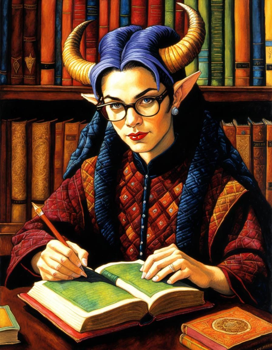 Enigmatic Tiefling Librarian in Art Nouveau Style