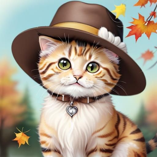 Chibi Kitten in Pilgrim Hat, Anime Style