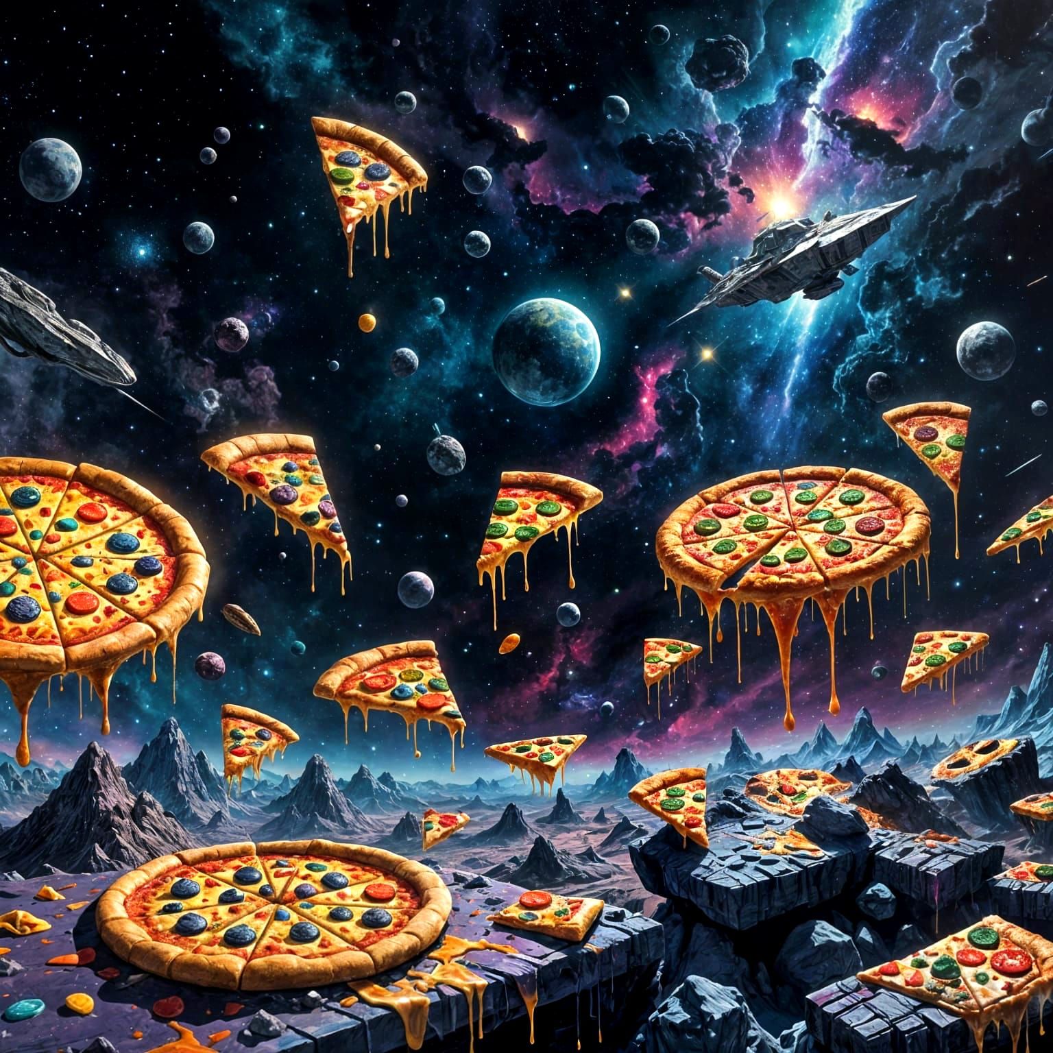 Floating Pizza Slices in a Cosmic Graffiti Landscape