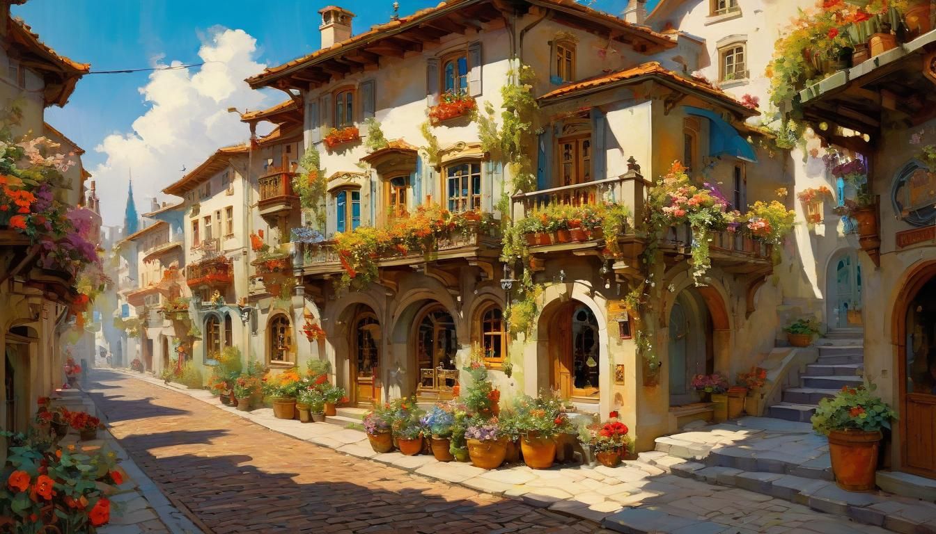 Whimsical Fantasy Town in Gouache Art Nouveau Style