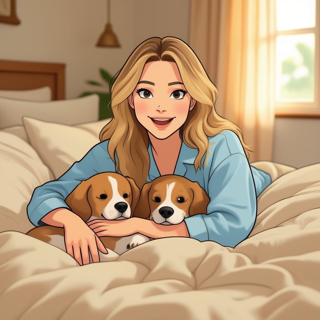 Blonde Woman Relaxing With Two Beagle Puppies on Cozy Bed