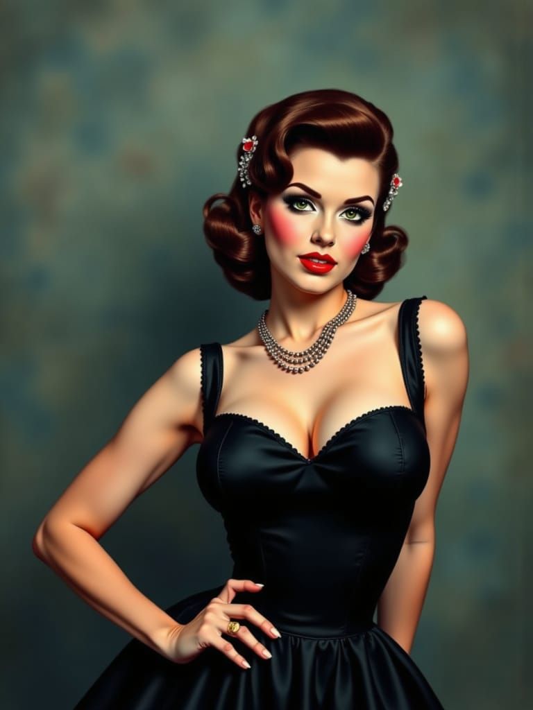 1950s Brunette Pin-Up in Black Dress