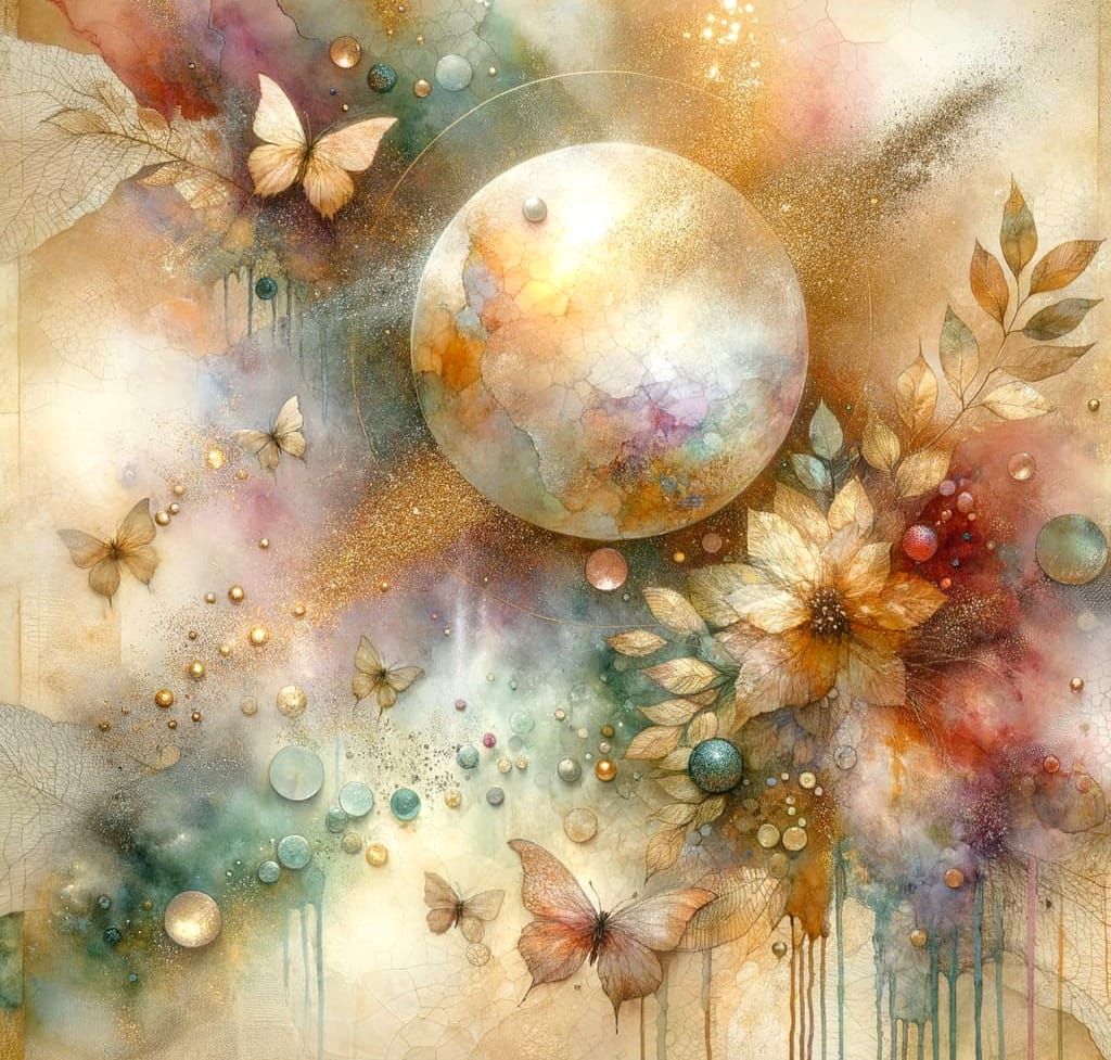Abstract Pastel Collage with Golden Sun and Butterflies