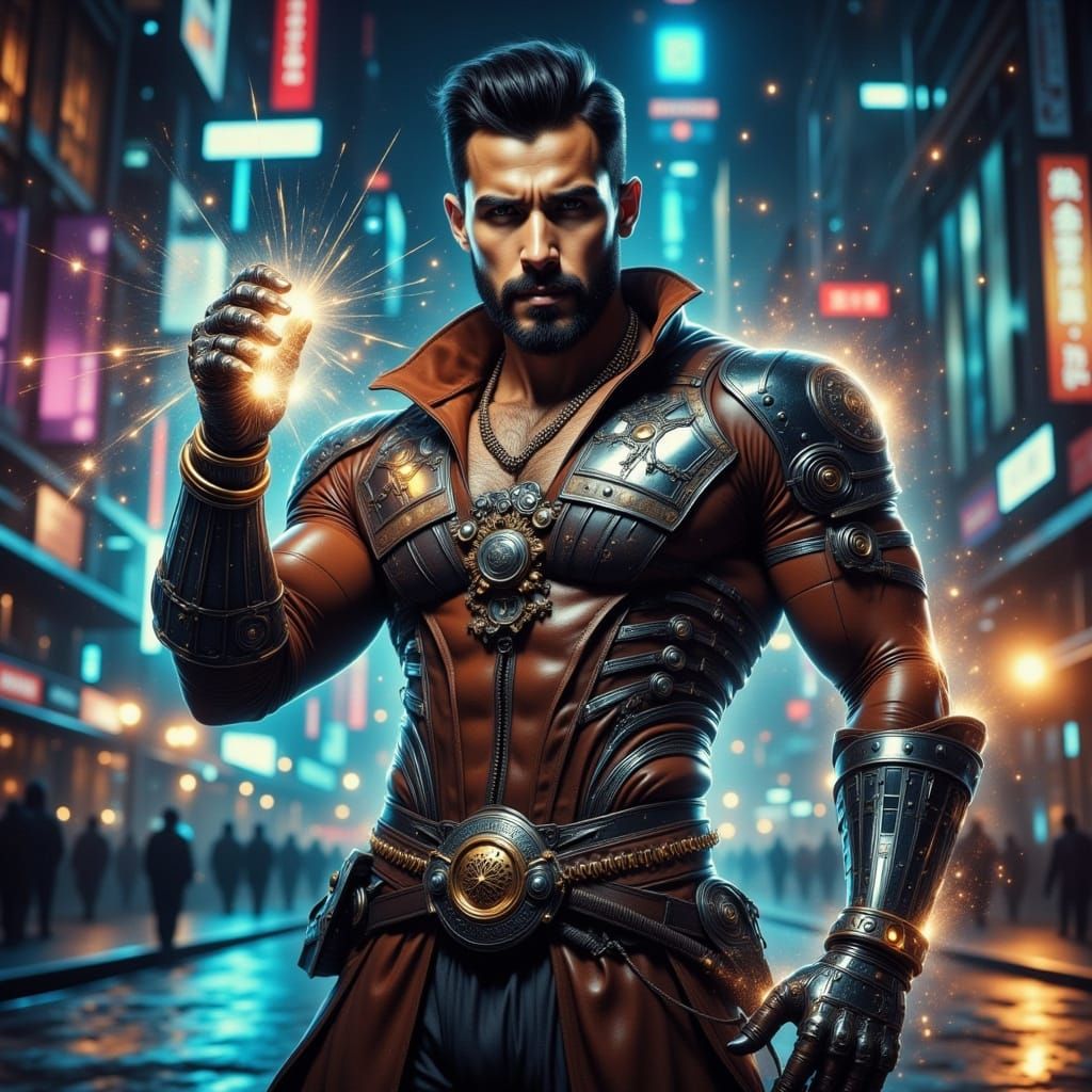 Cybernetic Warrior in Distressed Leather Armor