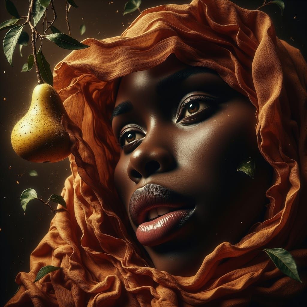 Redhead Woman Admiring a Sparkling Pear in Silk