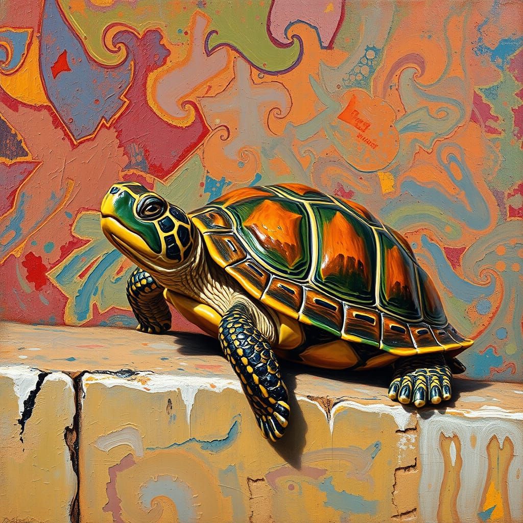 Vibrant Impasto Turtle on Wall