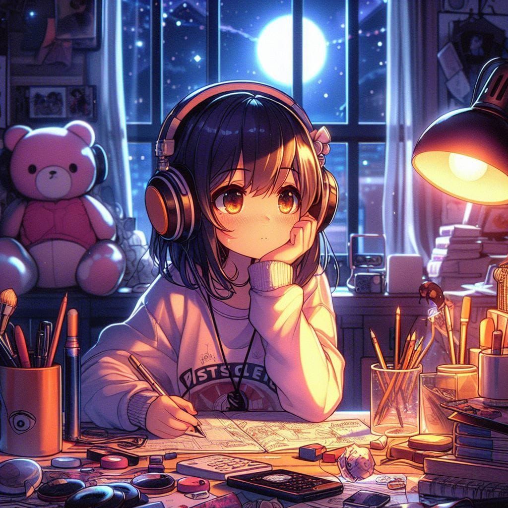 Lo-fi Girl Anime Illustration in Bedroom