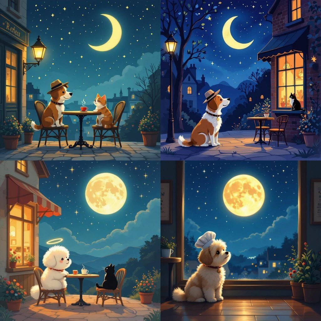 Dog in Cafe Under Moonlit Sky with Cat