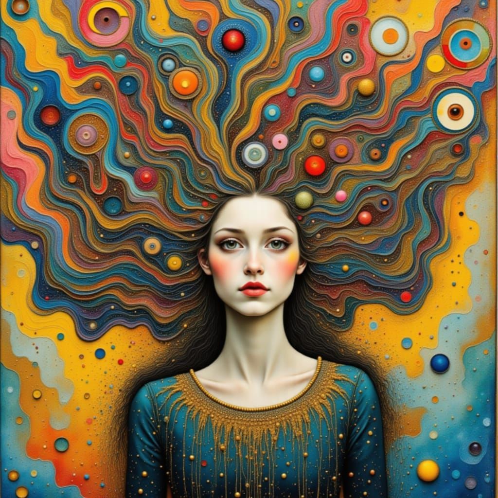 Surreal Woman Portrait with Abstract Hair in Impasto Style