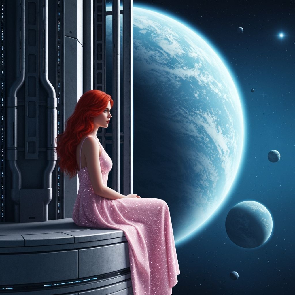 Red-Haired Woman in Sparkling Pink Dress on Space Station Ov...