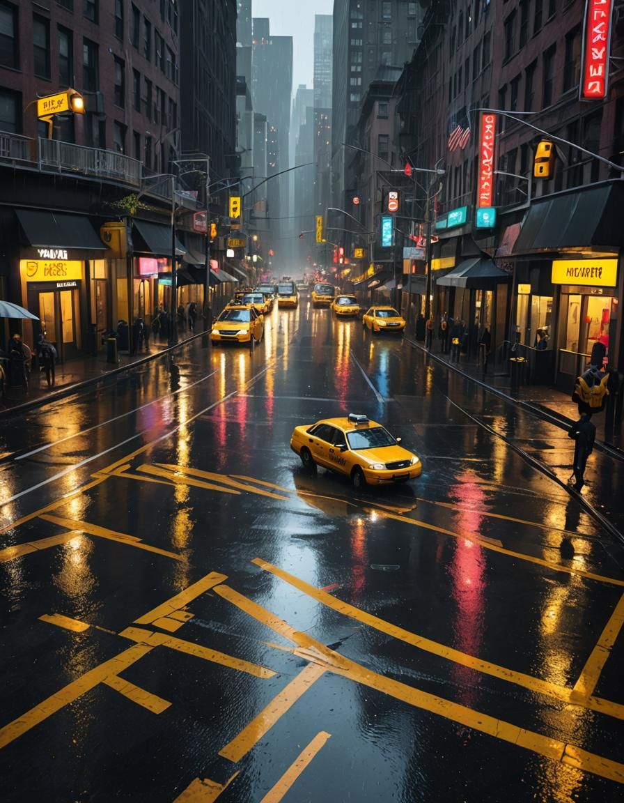 Rainy New York City Street Scene in Digital Art