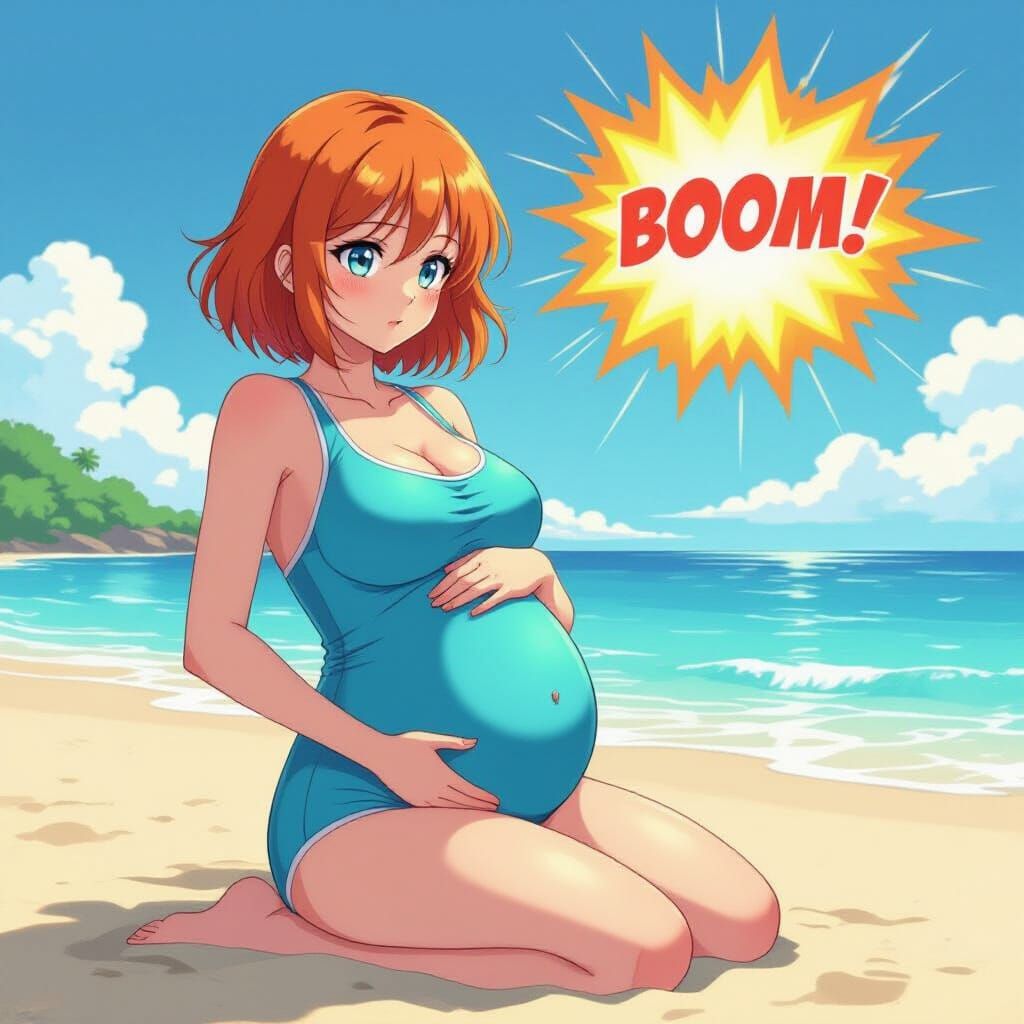 Pregnant Woman on Beach in Manga Anime Style