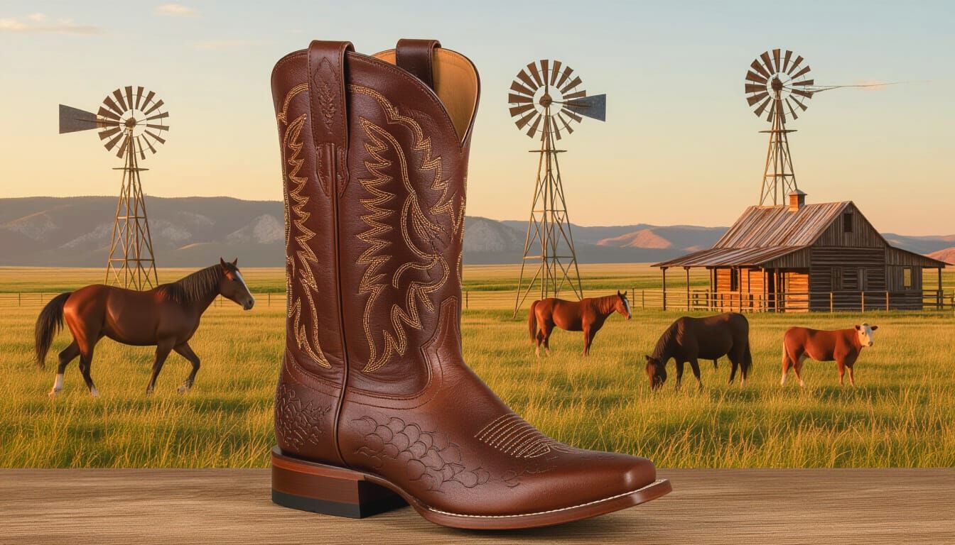 Handcrafted Leather Cowboy Boots Etched with Ranch Life Scen...