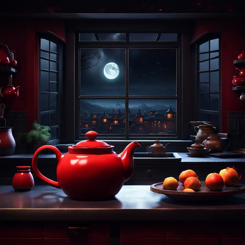 Red Teapot at Night: Detailed Matte Painting