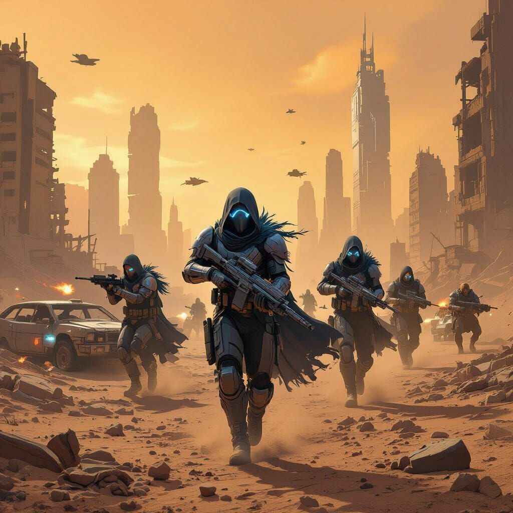 Post-Apocalyptic Desert City Battle in Hyper-Realistic Style