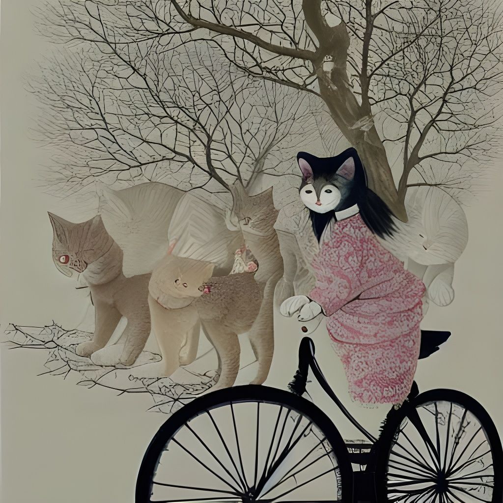 Surreal Cyclist with Feline Hands in Snowy City