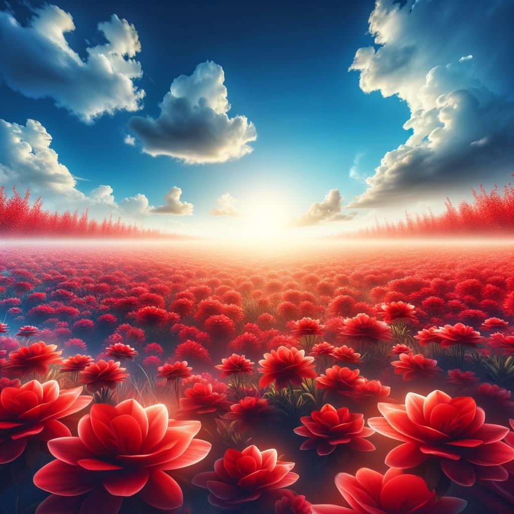 Vibrant Ruby-Red Flowers in Warm Sunlight