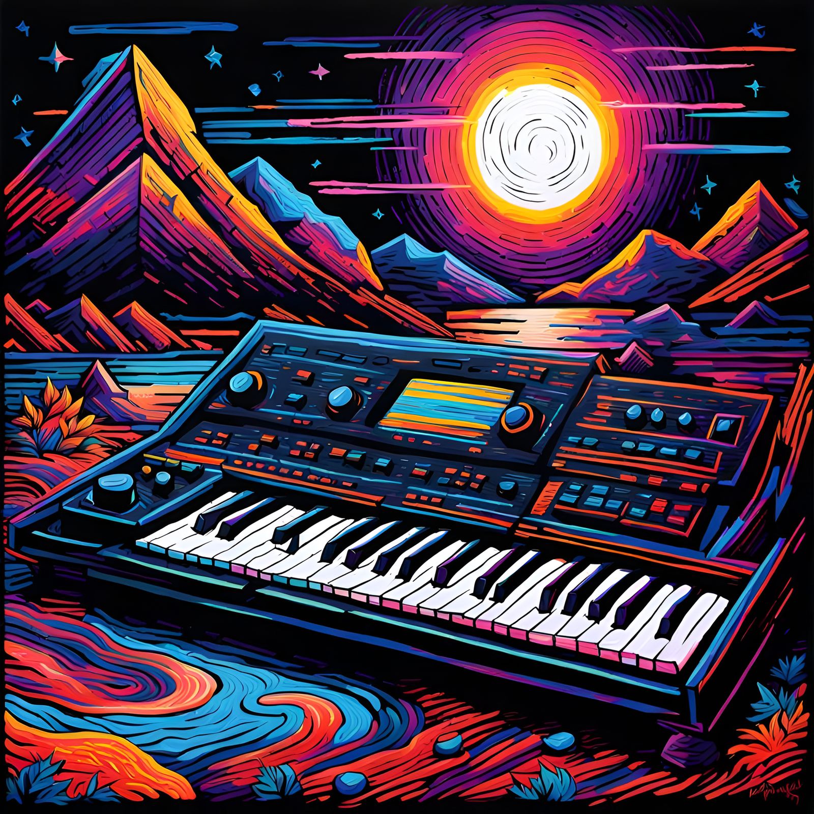 Synth-Pop Album Cover in Impasto Blacklight Style