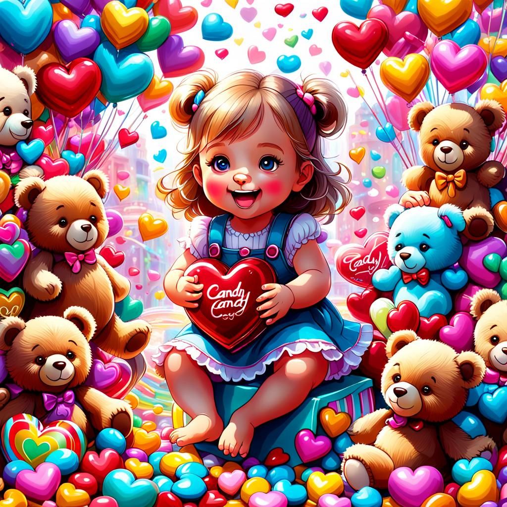 Baby Girl Playing in Whimsical Candyland Art Style