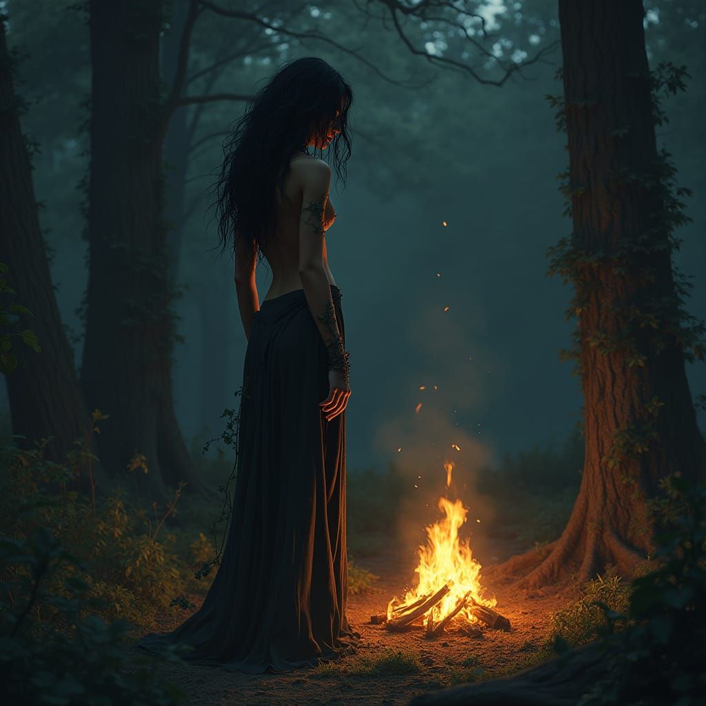 Enigmatic Woman by Campfire in Forest Clearing