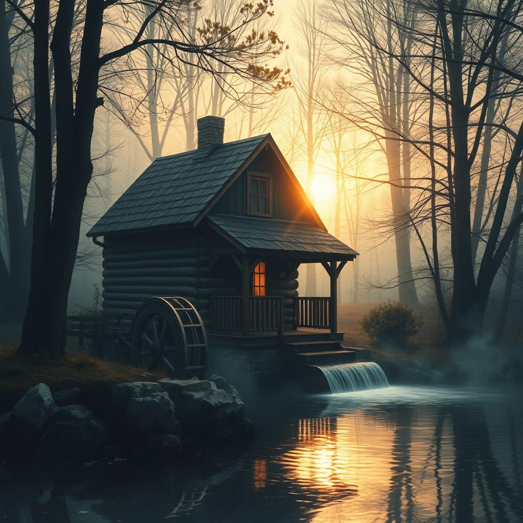 Rustic Waterwheel at Sunrise in the Woods