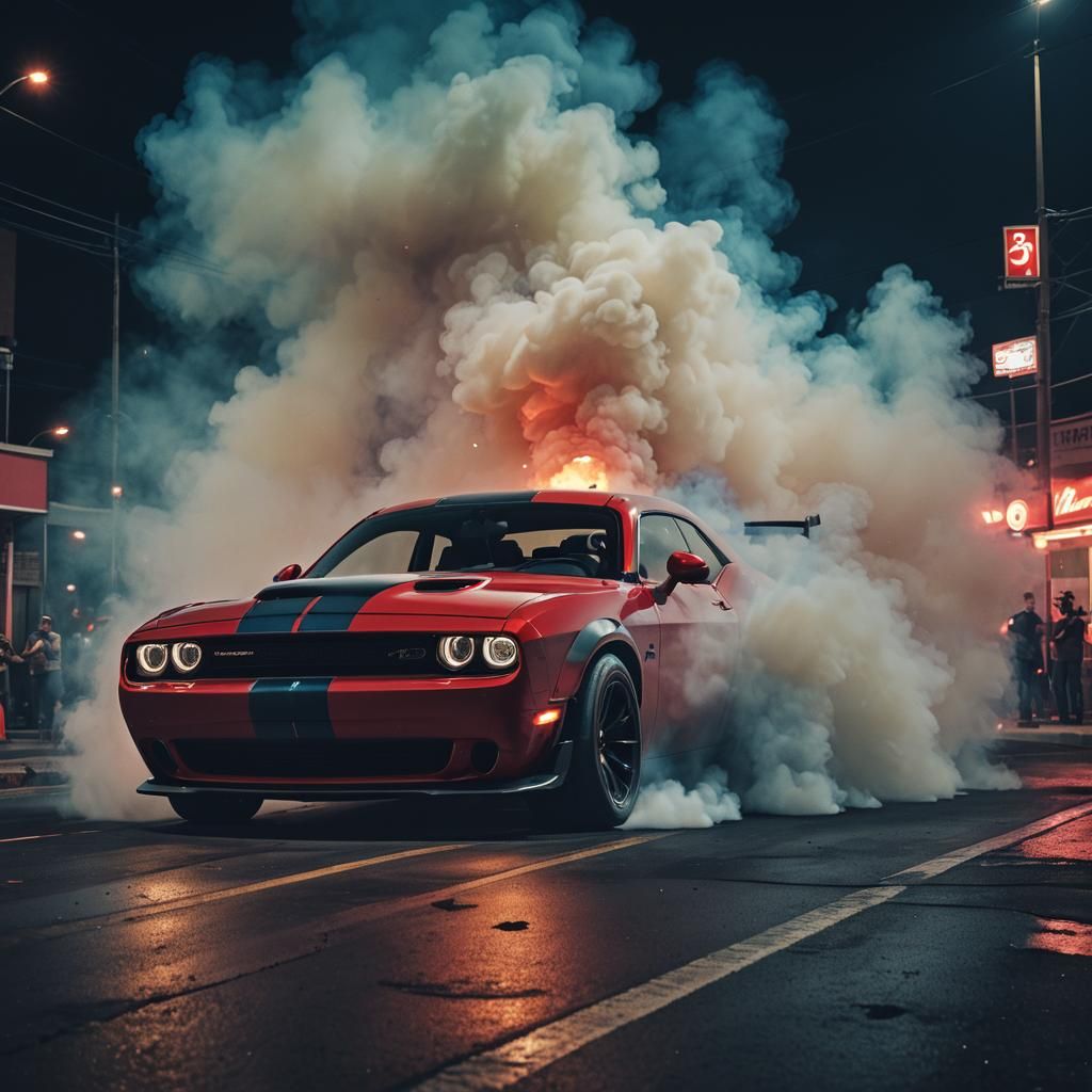 Dodge Challenger Hellcat Burnout at Night