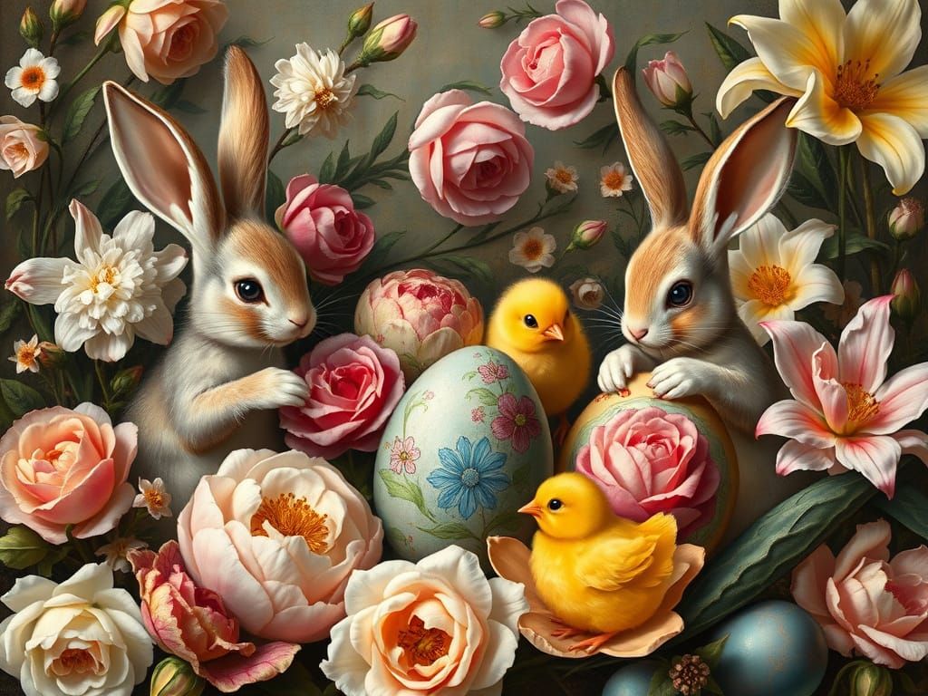 Easter Bunnies Painting Eggs in Renaissance Style