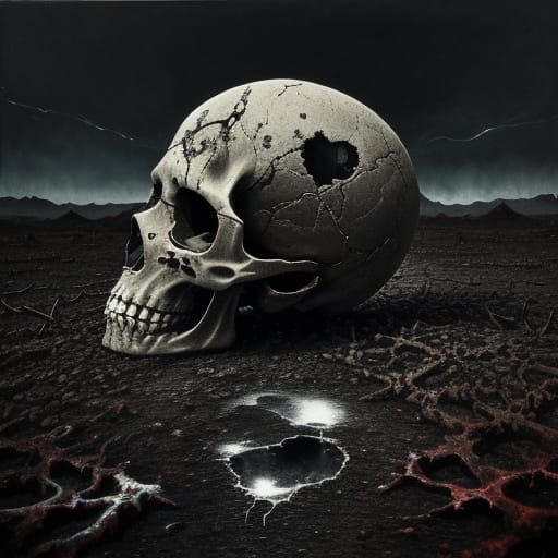 Surreal Skull Pierced by Bullet in Desolate Landscape