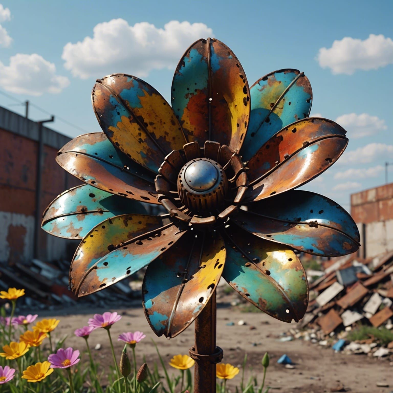 Blooming Scrap Metal Flower in Junkyard