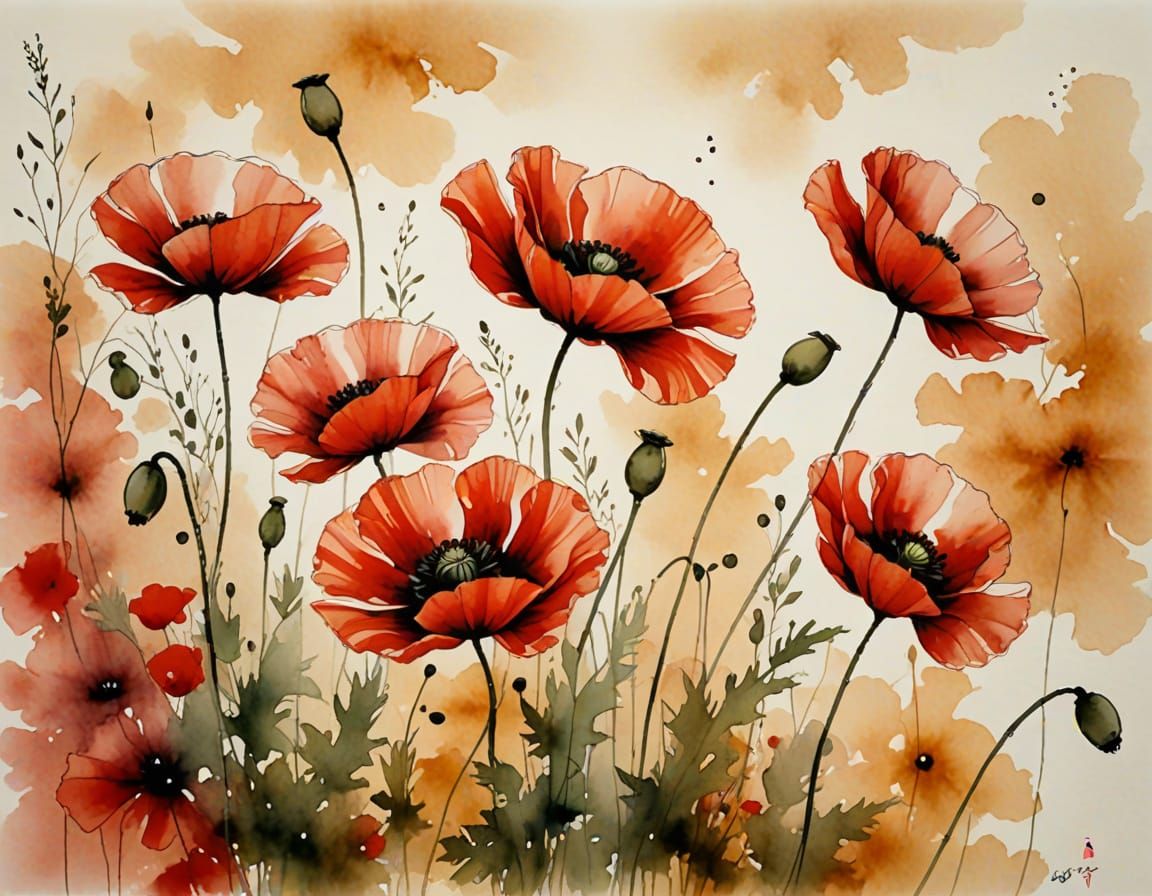 Red Poppies in Japanese Sumi-e Style