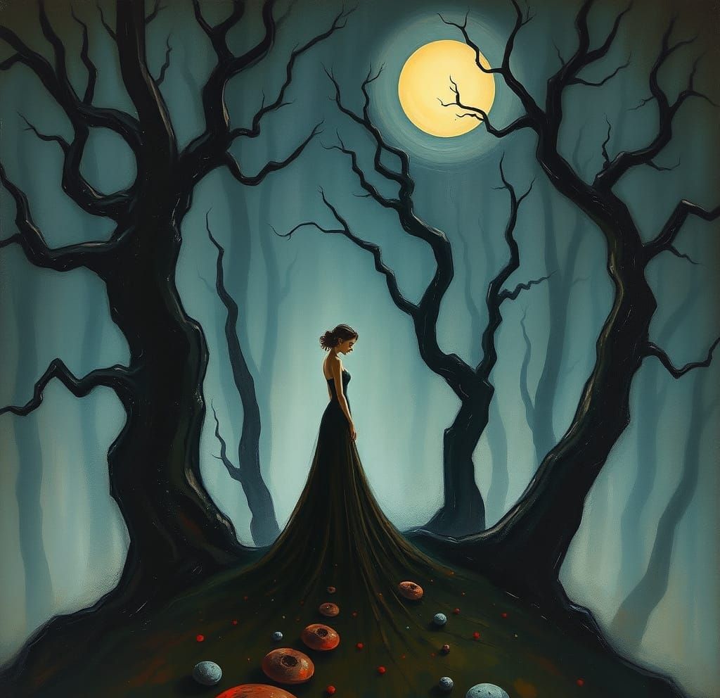 Ethereal Woman in Moonlit Forest, in Dark Whimsical Style