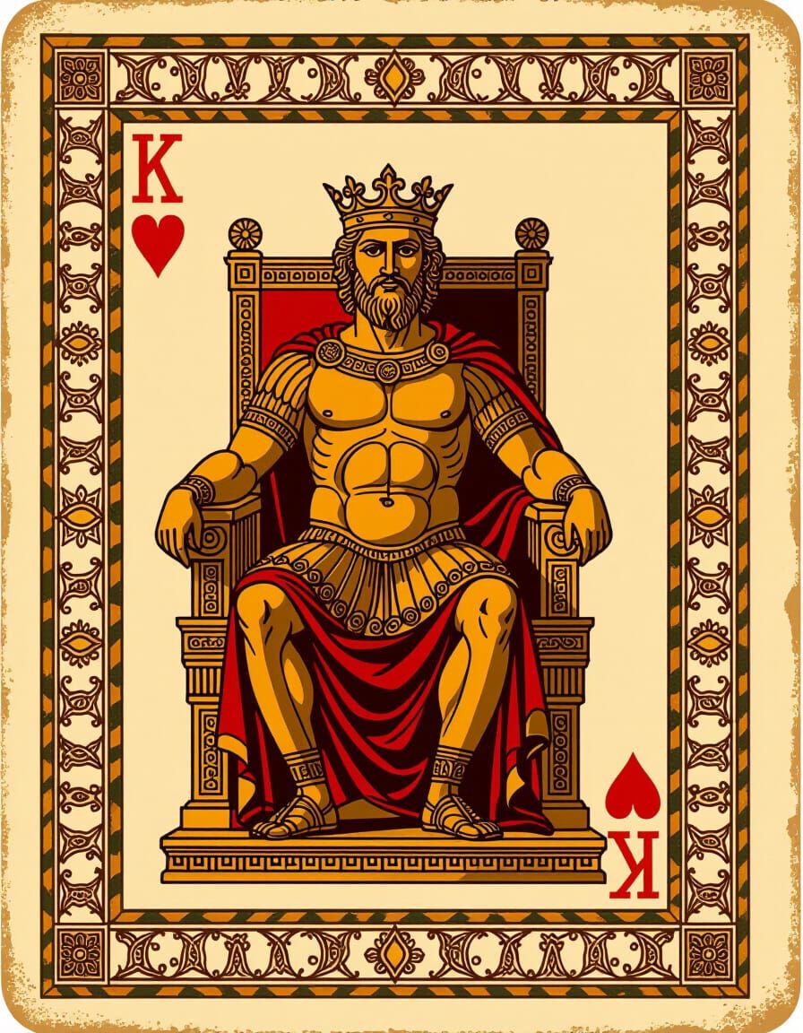 Ancient Greek King of Hearts Playing Card with Dancing Figur...
