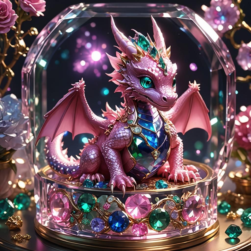 A cute sparkeling pink miniature baby dragon sitting in a gl...