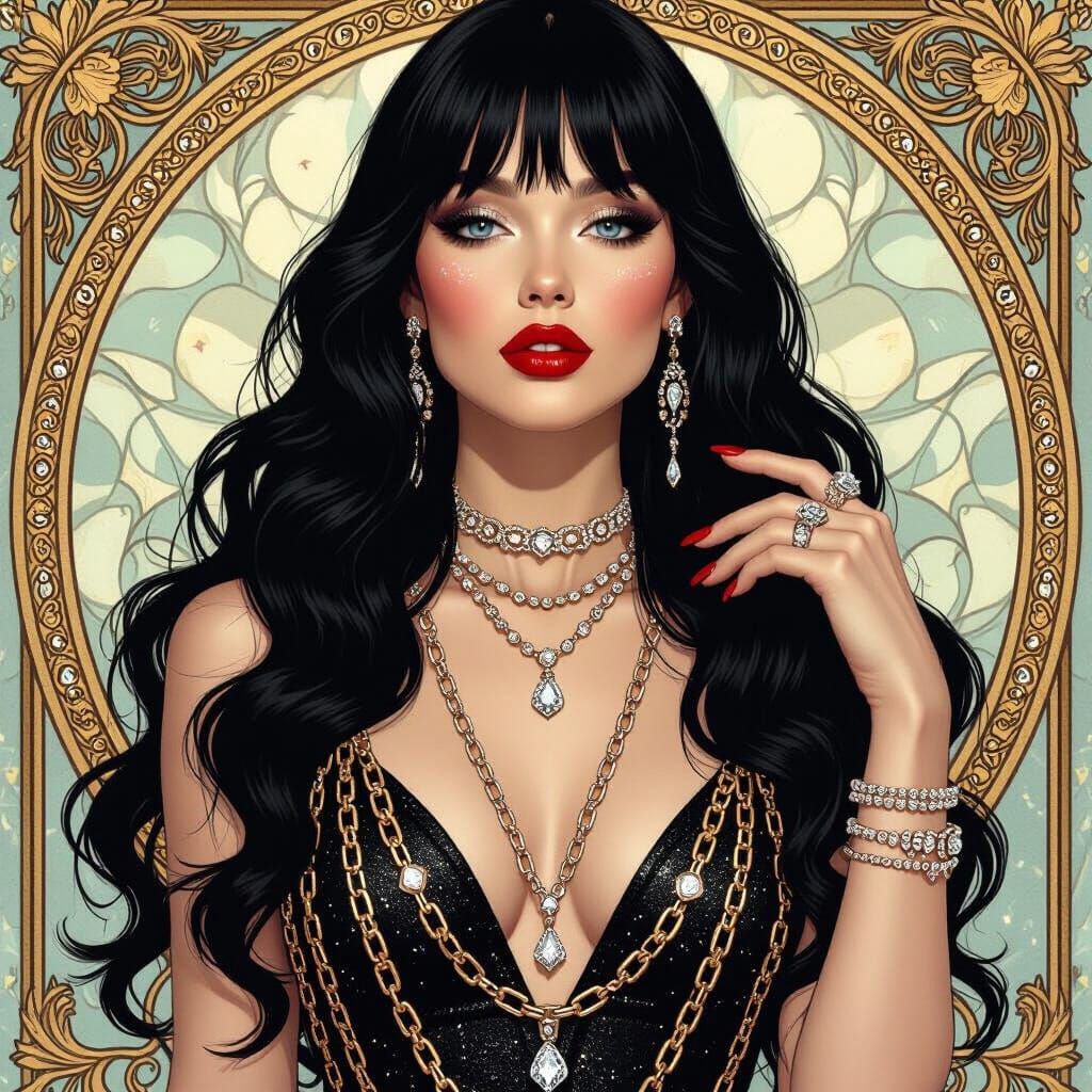 Glamorous Woman in Jeweled Dress, Art Nouveau Style