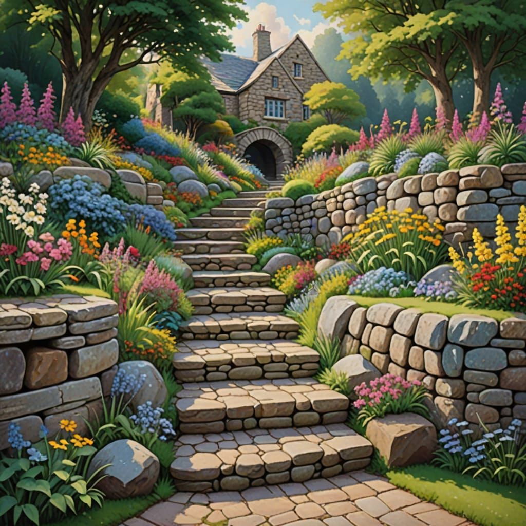 Whimsical Garden Bridge in Thomas Kinkade Style