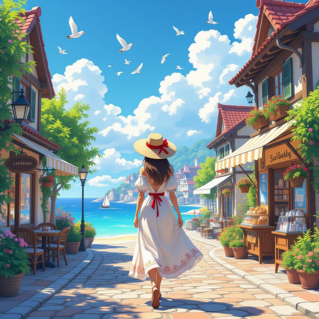 Charming Seaside Village in Vibrant 3D Anime Style