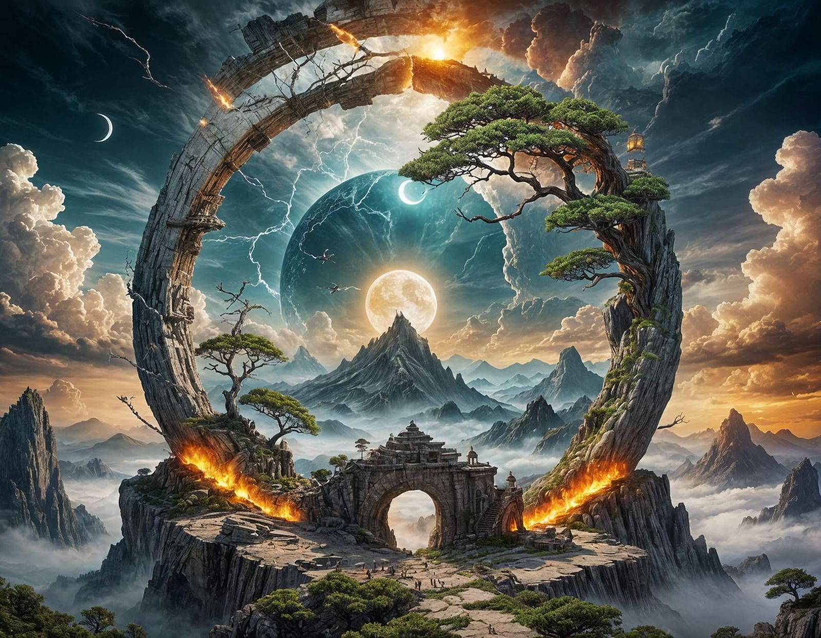 Surreal Landscape with Ancient Stargate and Bonsai