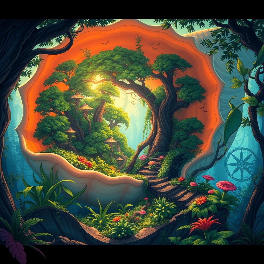 Lush Forest Inside Conch Shell, Anime Style