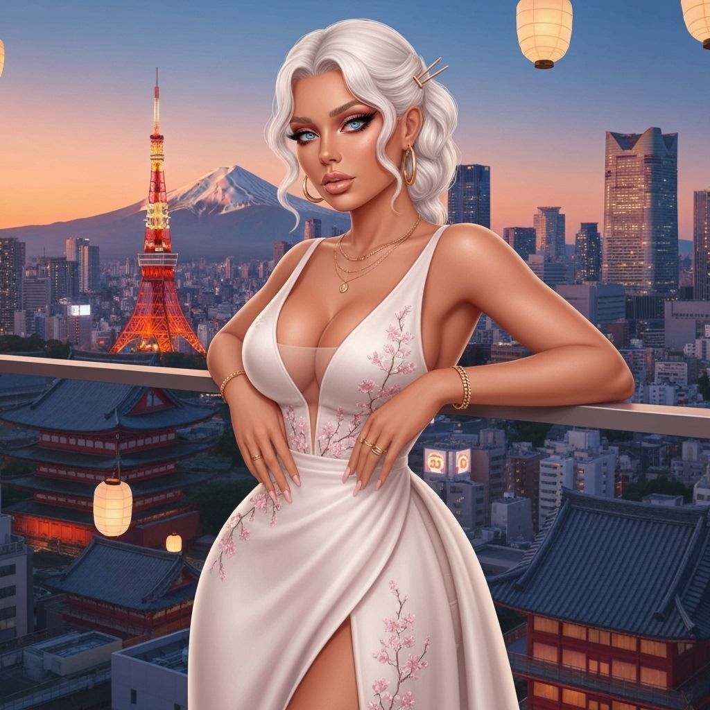Tokyo Sunset: Photorealistic Portrait of a Woman in Gown